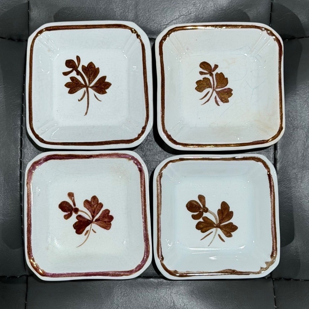 Antique Alfred Meakin Tea Leaf Royal Ironstone Butter Pats England Set 4 c1890